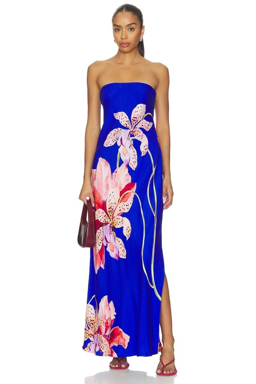 MILLY Vera Satin Floral Maxi Dress in Blue Multi Size US 12 $495